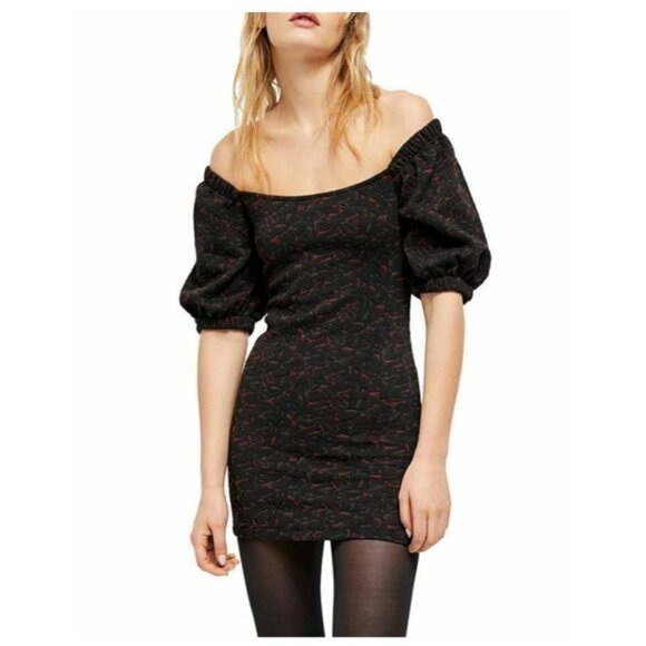 Free People red  & blue metallic Sunset puff sleeve cold shoulder mini dress L - Picture 12 of 16